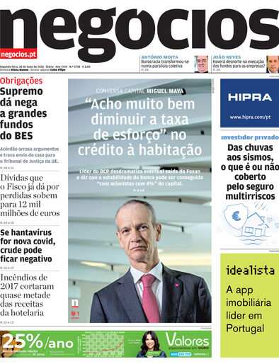 Primeira página do Negócios de 18 de maio de 2026