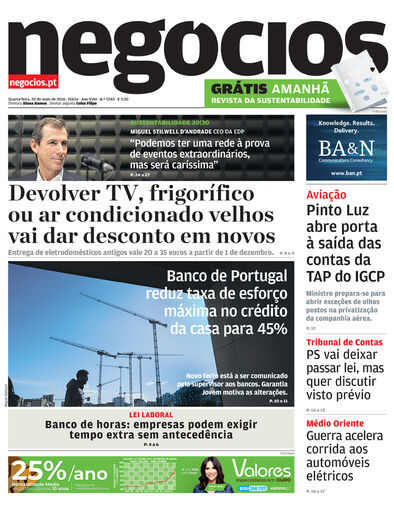 Primeira página do Negócios de 20 de maio de 2026