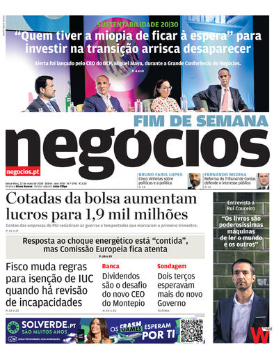 Primeira página do Negócios de 22 de maio de 2026
