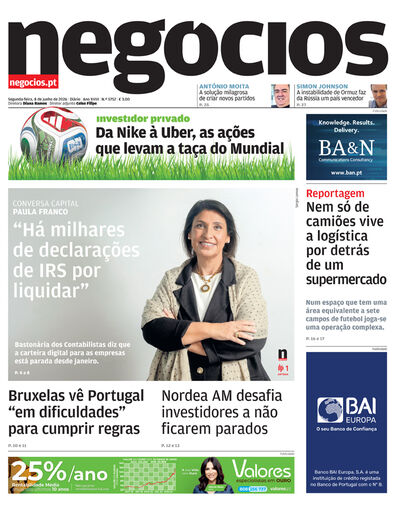Primeira página do Negócios de 8 de junho de 2026