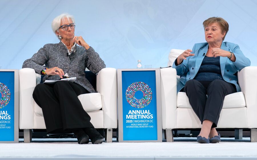 Christine Lagarde lidera o BCE e Kristalina Georgieva dirige o FMI. 