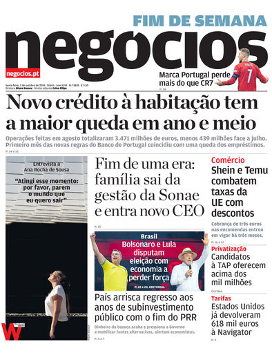 Primeira página do Negócios de 2 de outubro de 2026